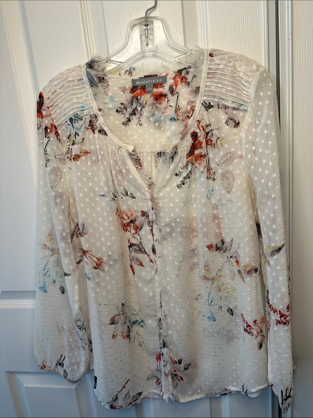 Daniel Rainn Ivory Sheer Swiss Dot Blouse with Multicolor Floral Print - Picture 4 of 9